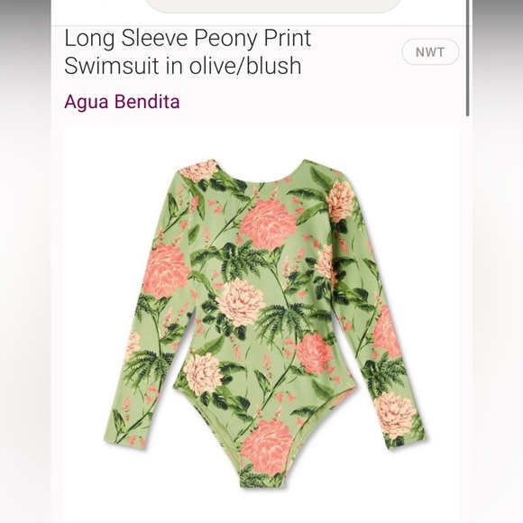 Long Sleeve Peony Floral Green and Pink One Piece Plunge back Swimsuit. - Picture 3 of 4